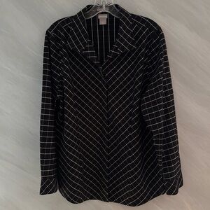 Chico’s 2 (L) Black/White No-Iron Sateen Wing Collared Windowpane Print Blouse